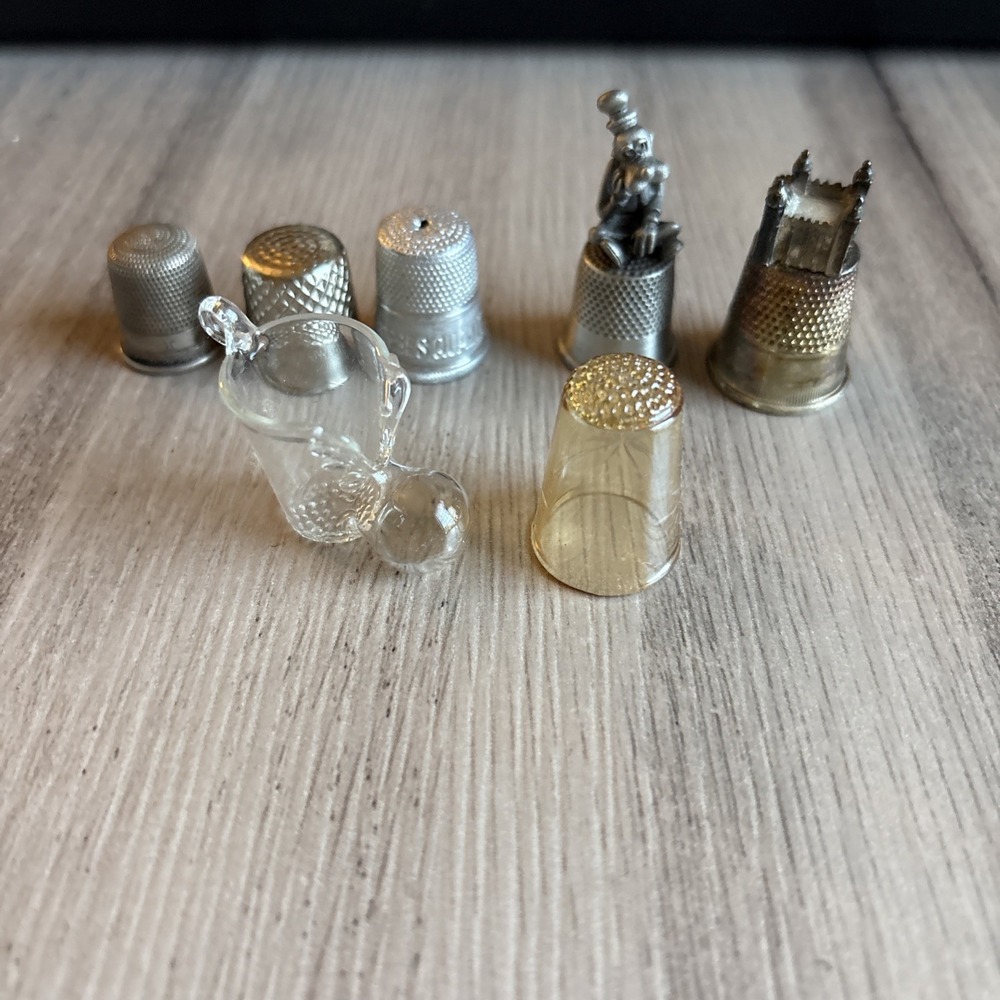 Vintage Lot Of 5 Pewter / 2 Glass Thimbles Walt Disney Goofy Pewter Souvenir